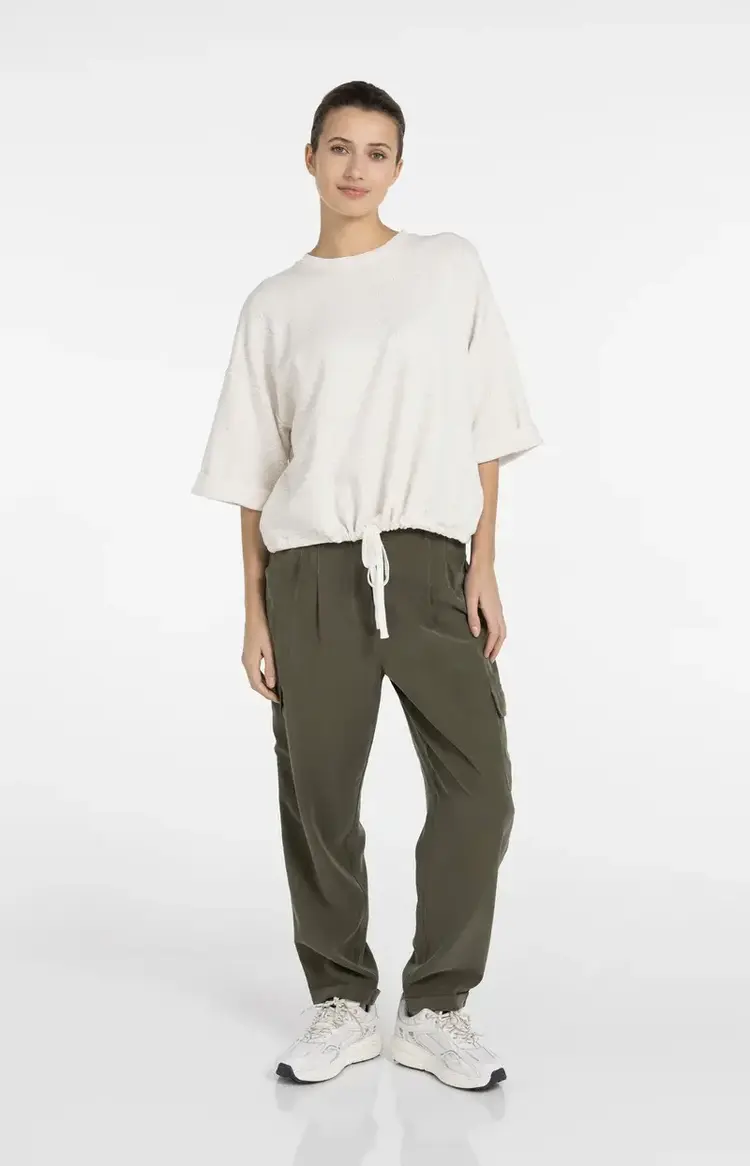 Yaya Woven Straight Leg Cargo Trousers with Pleats Army Green