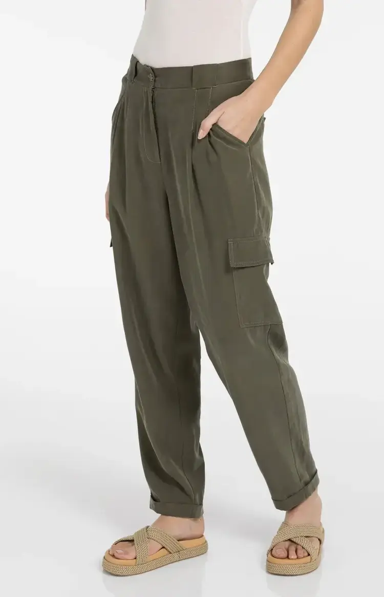 Yaya Woven Straight Leg Cargo Trousers with Pleats Army Green