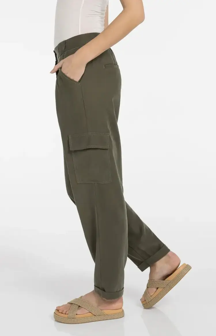 Yaya Woven Straight Leg Cargo Trousers with Pleats Army Green