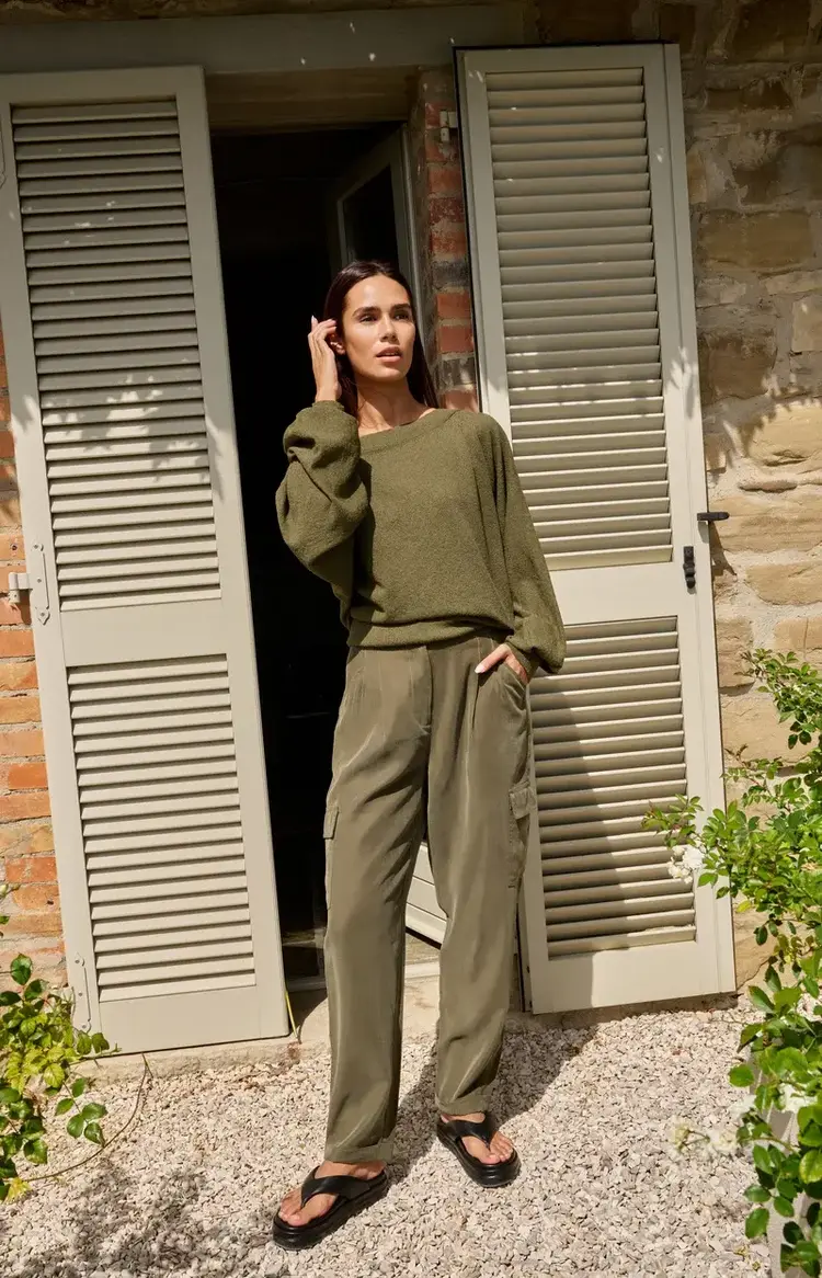 Yaya Woven Straight Leg Cargo Trousers with Pleats Army Green