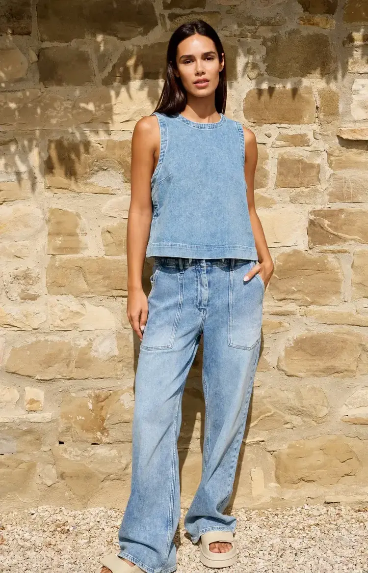 Yaya Sleeveless Loose Fit Denim Top Mid Blue Denim