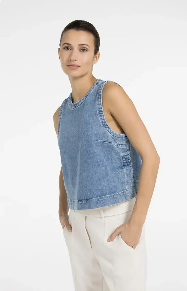 Yaya Sleeveless Loose Fit Denim Top Mid Blue Denim