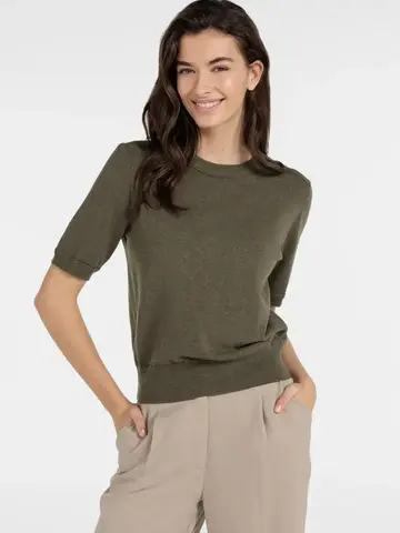 Yaya Short Sleeve Sweater with Details Army Green Melange