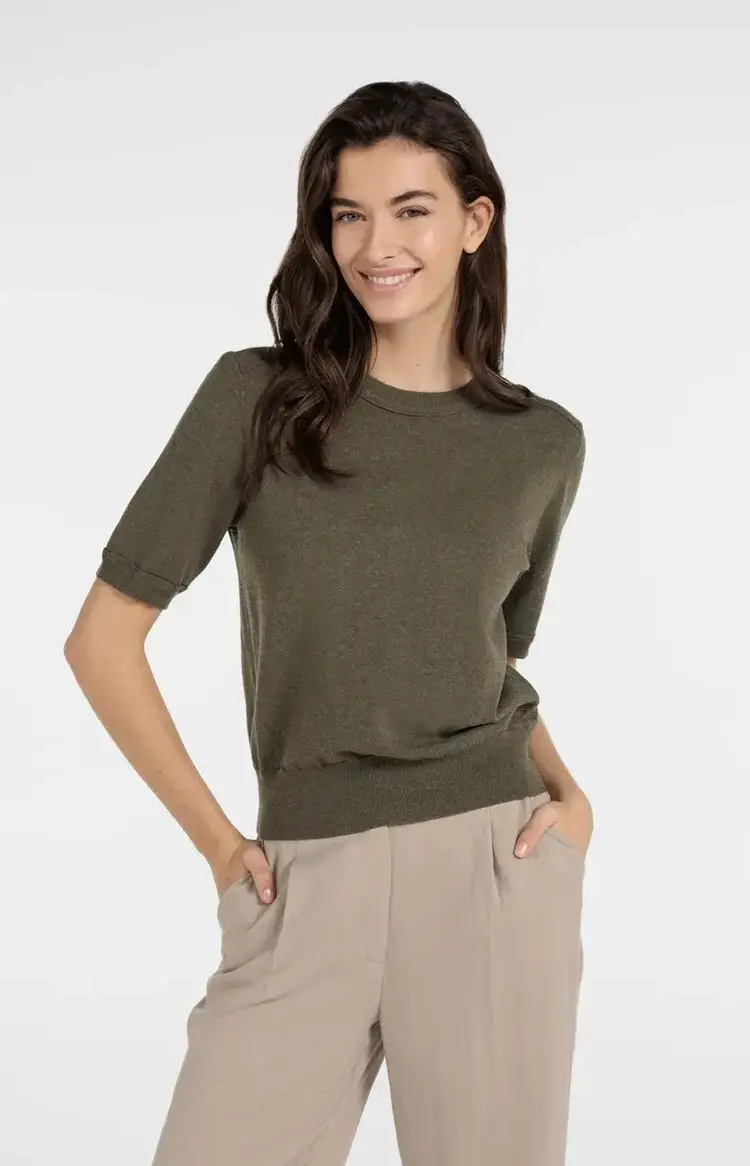 Yaya Short Sleeve Sweater with Details Army Green Melange