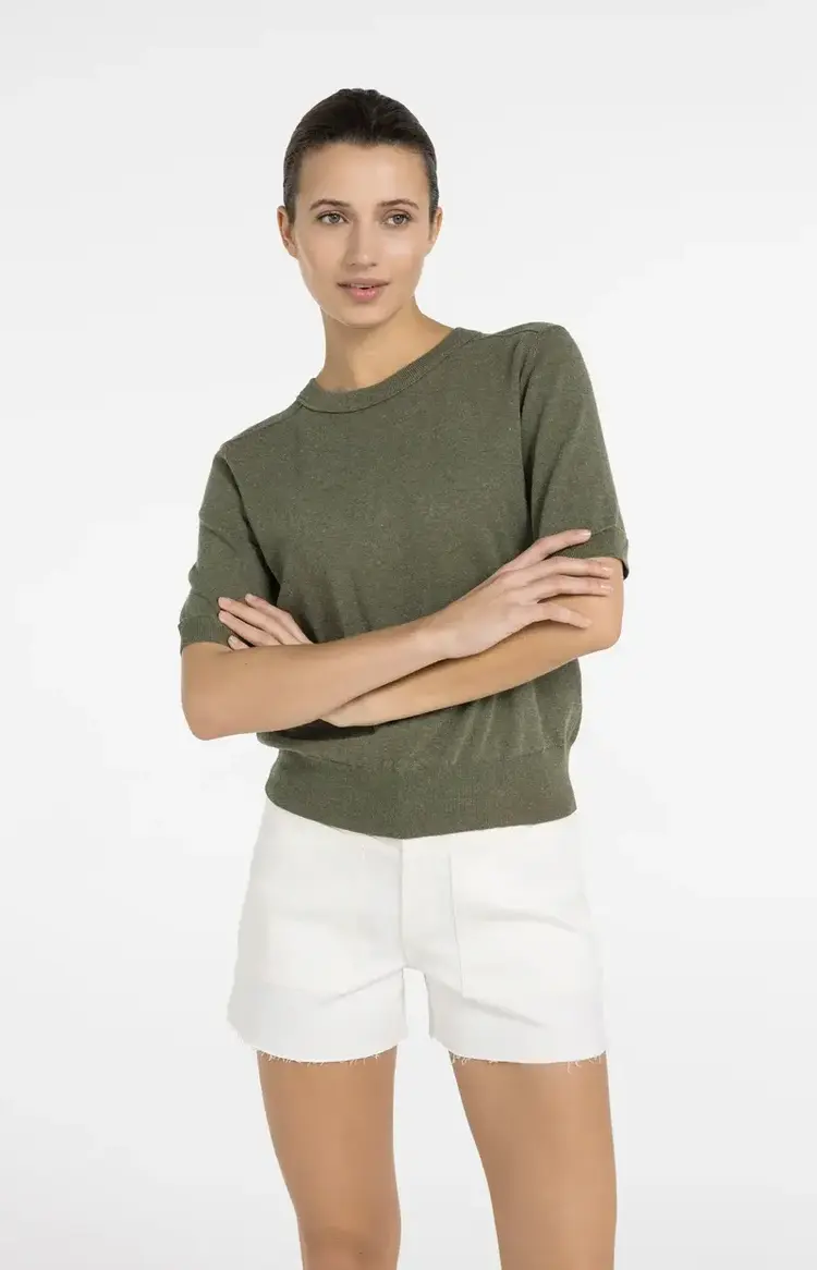 Yaya Short Sleeve Sweater with Details Army Green Melange