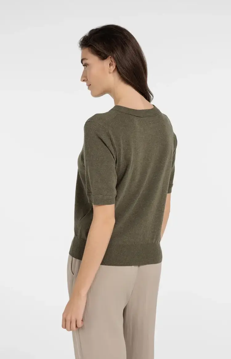 Yaya Short Sleeve Sweater with Details Army Green Melange