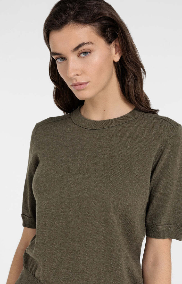 Yaya Short Sleeve Sweater with Details Army Green Melange