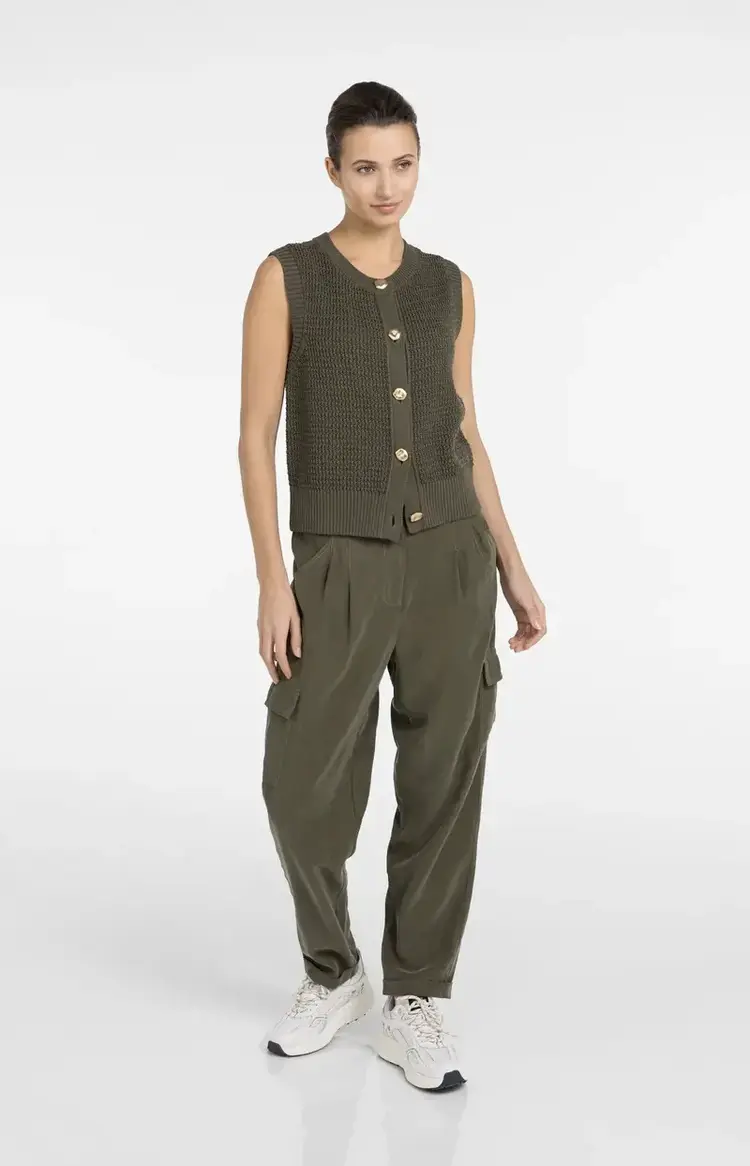 Yaya Textured Sleeveless Cardigan with Fancy Buttons Army Green