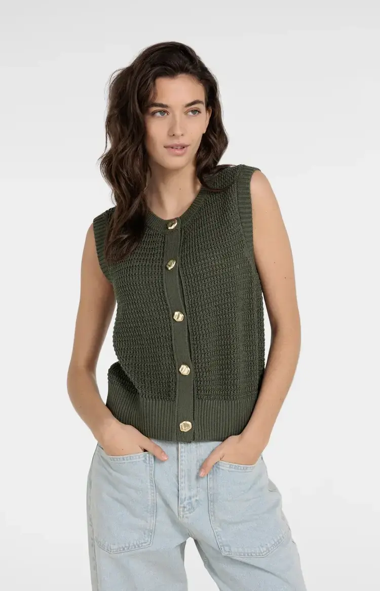 Yaya Textured Sleeveless Cardigan with Fancy Buttons Army Green