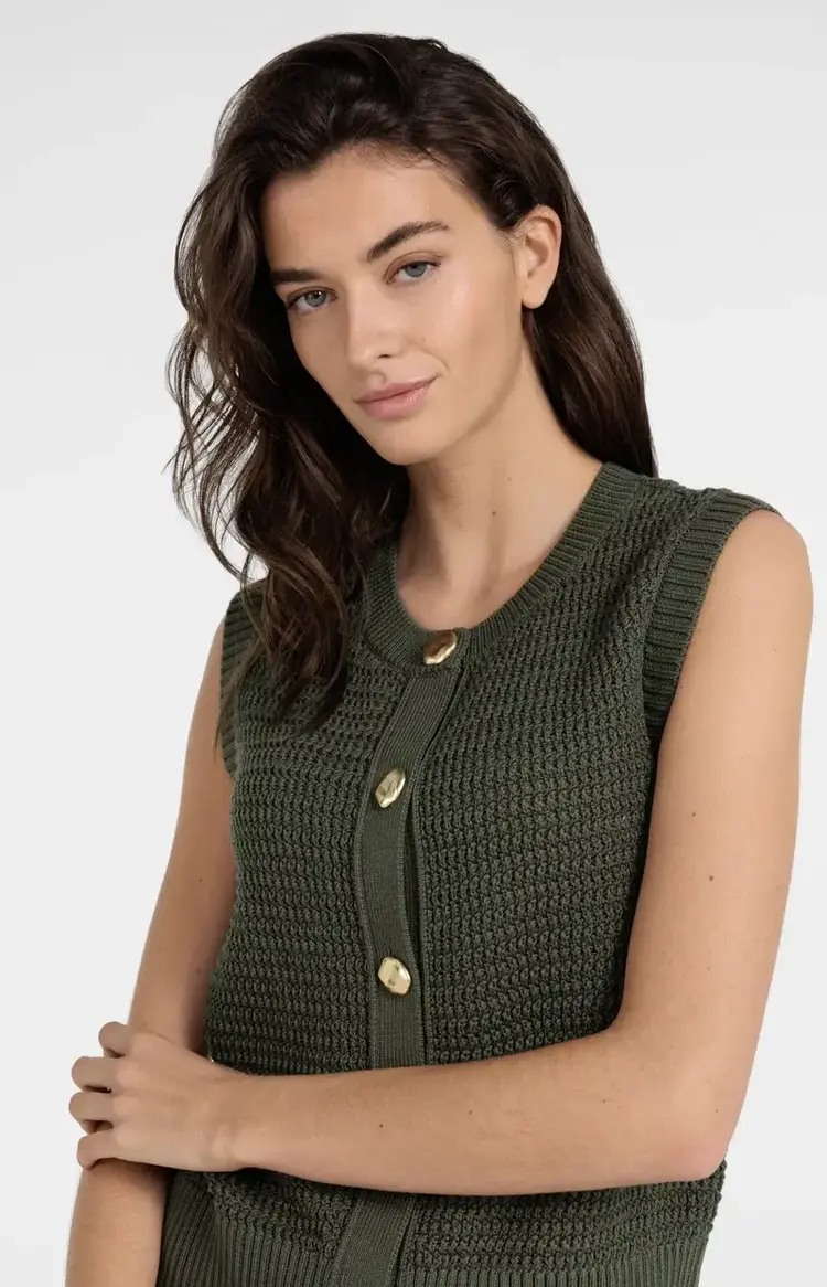 Yaya Textured Sleeveless Cardigan with Fancy Buttons Army Green