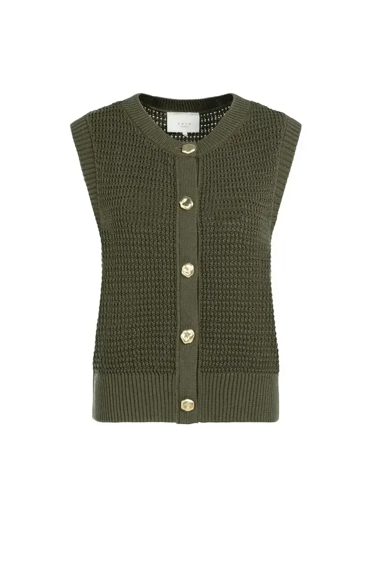 Yaya Textured Sleeveless Cardigan with Fancy Buttons Army Green