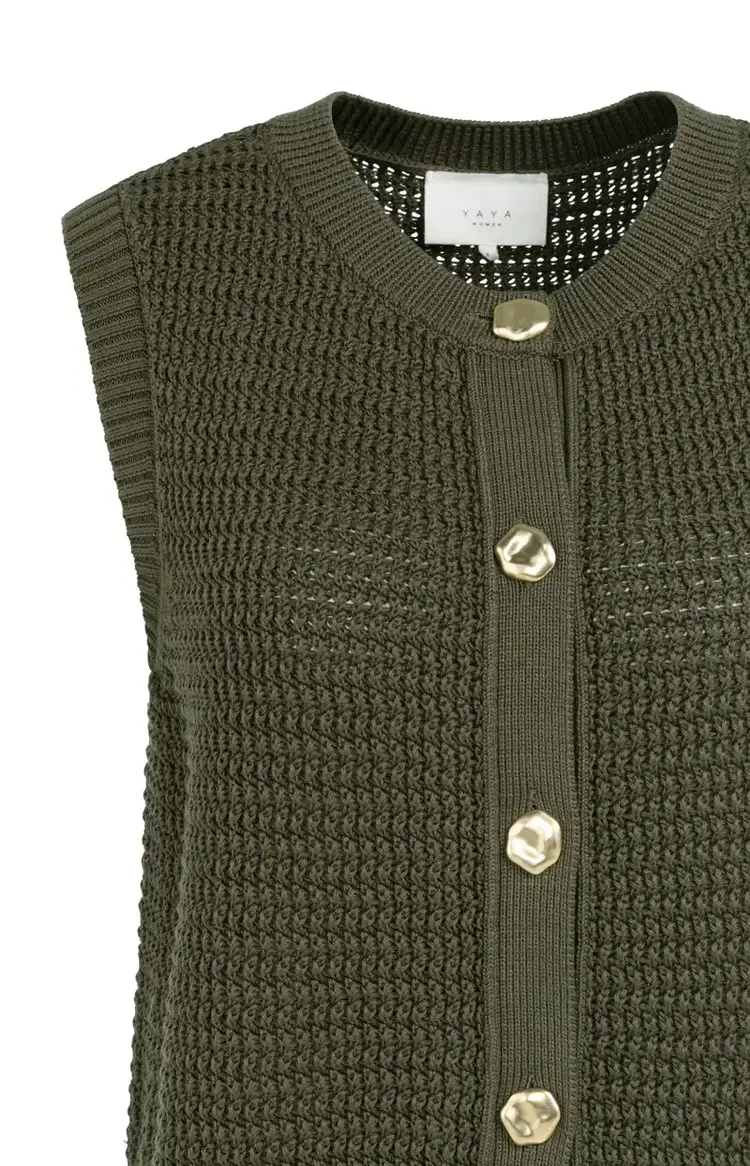 Yaya Textured Sleeveless Cardigan with Fancy Buttons Army Green