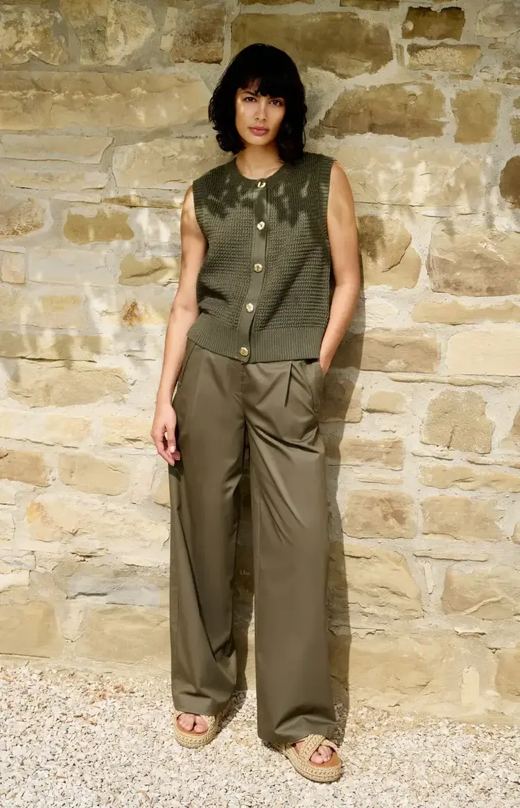 Yaya Textured Sleeveless Cardigan with Fancy Buttons Army Green