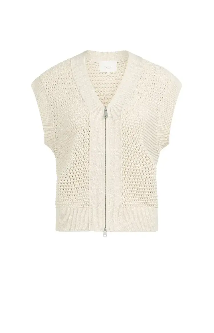 Yaya Mesh Stitch Sleeveless Cardigan with Zipper Creme Beige