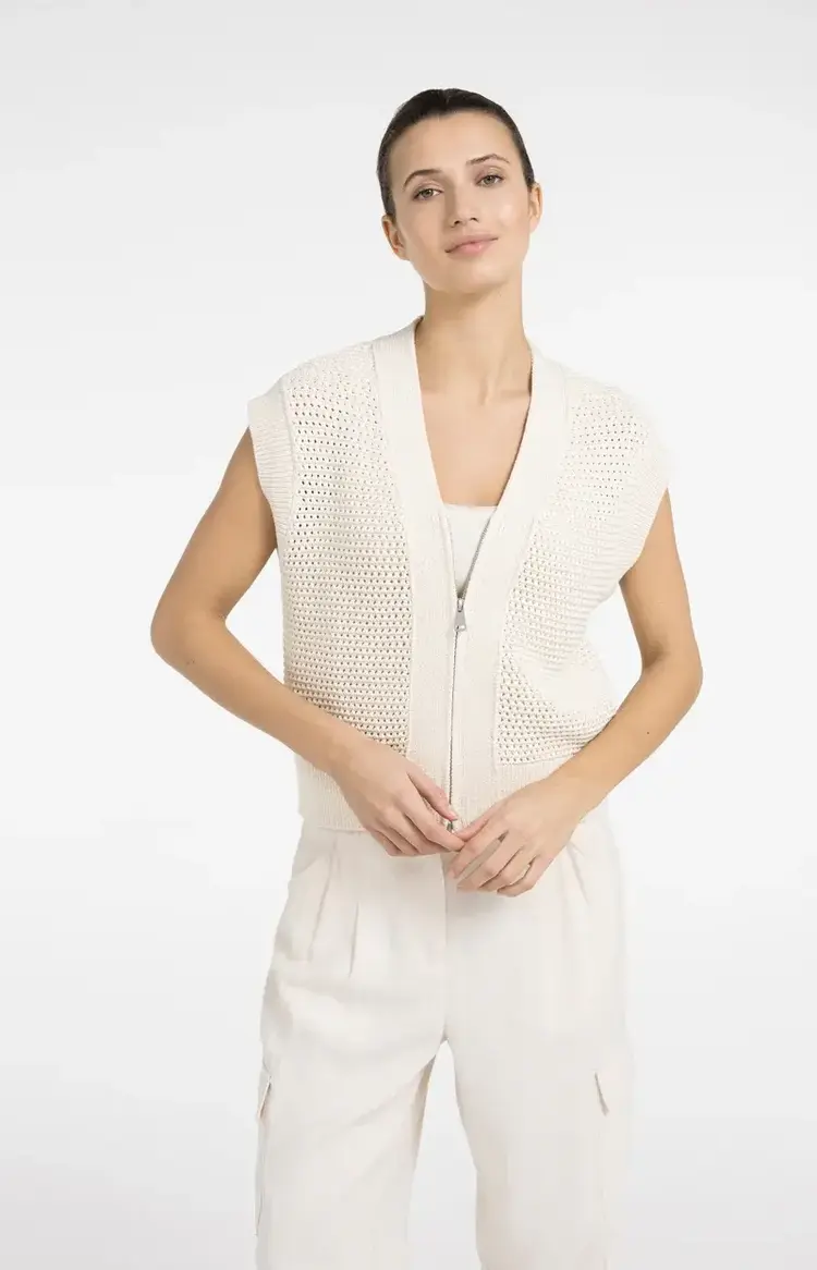 Yaya Mesh Stitch Sleeveless Cardigan with Zipper Creme Beige