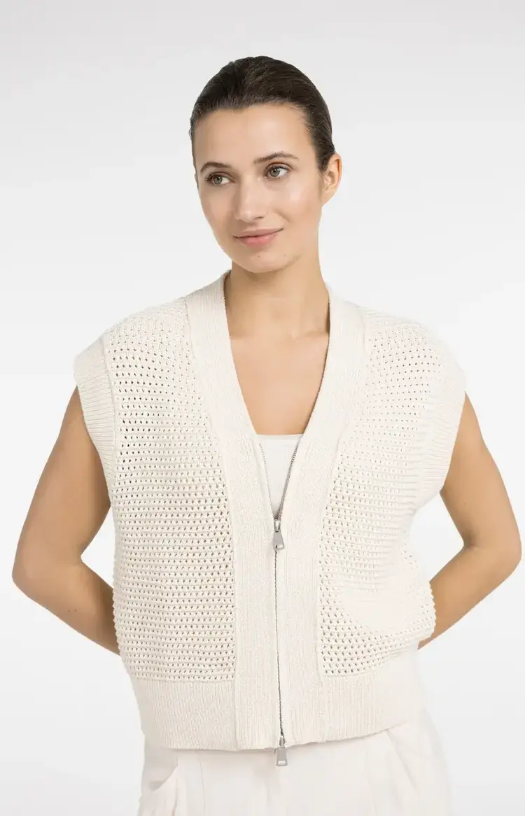 Yaya Mesh Stitch Sleeveless Cardigan with Zipper Creme Beige