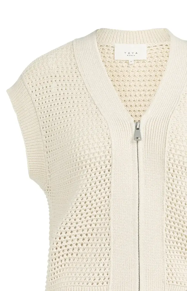 Yaya Mesh Stitch Sleeveless Cardigan with Zipper Creme Beige