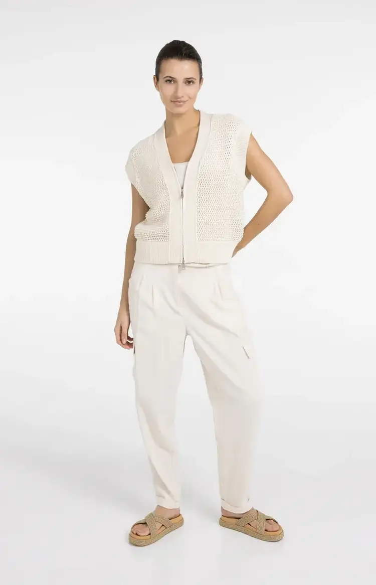 Yaya Mesh Stitch Sleeveless Cardigan with Zipper Creme Beige