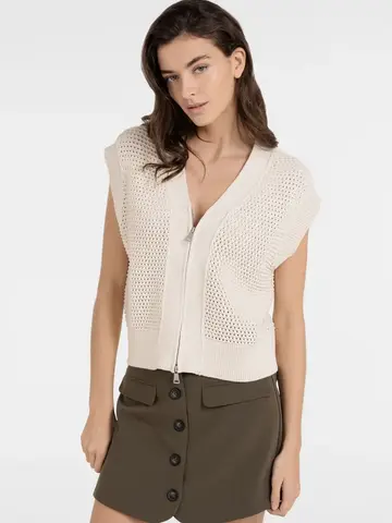 Yaya Mesh Stitch Sleeveless Cardigan with Zipper Creme Beige