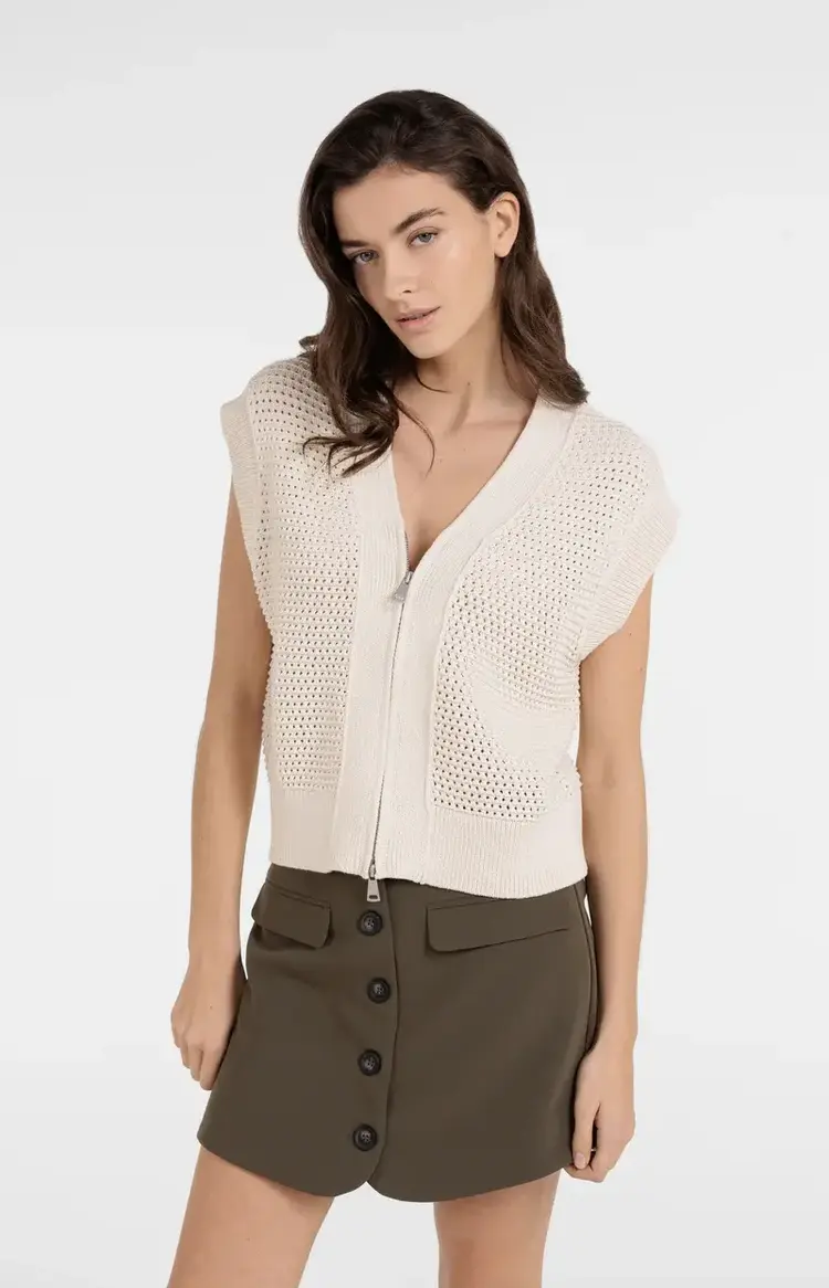 Yaya Mesh Stitch Sleeveless Cardigan with Zipper Creme Beige