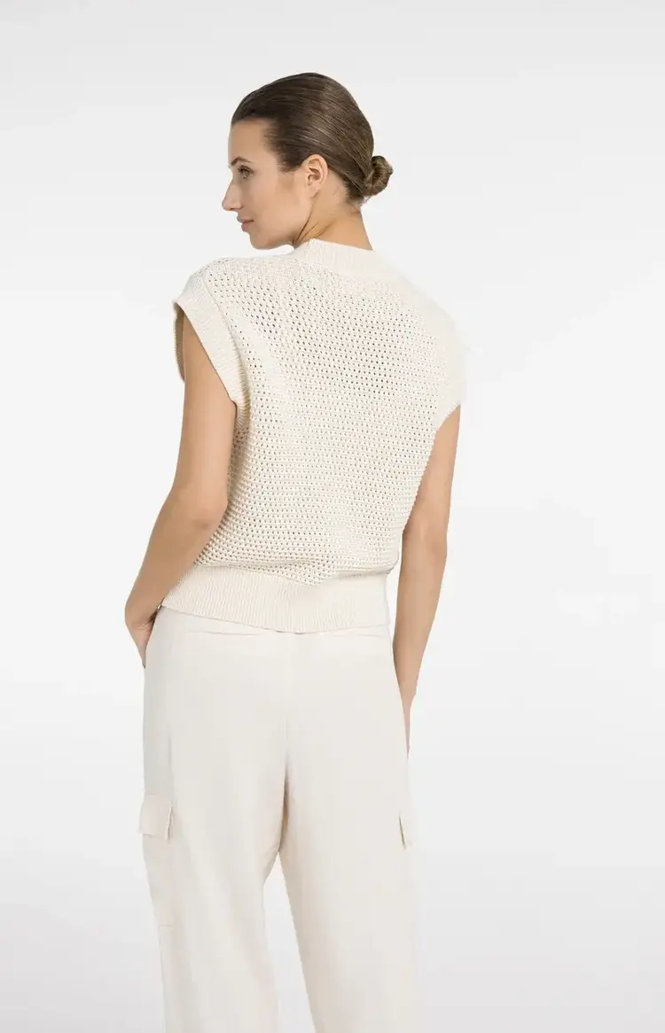 Yaya Mesh Stitch Sleeveless Cardigan with Zipper Creme Beige