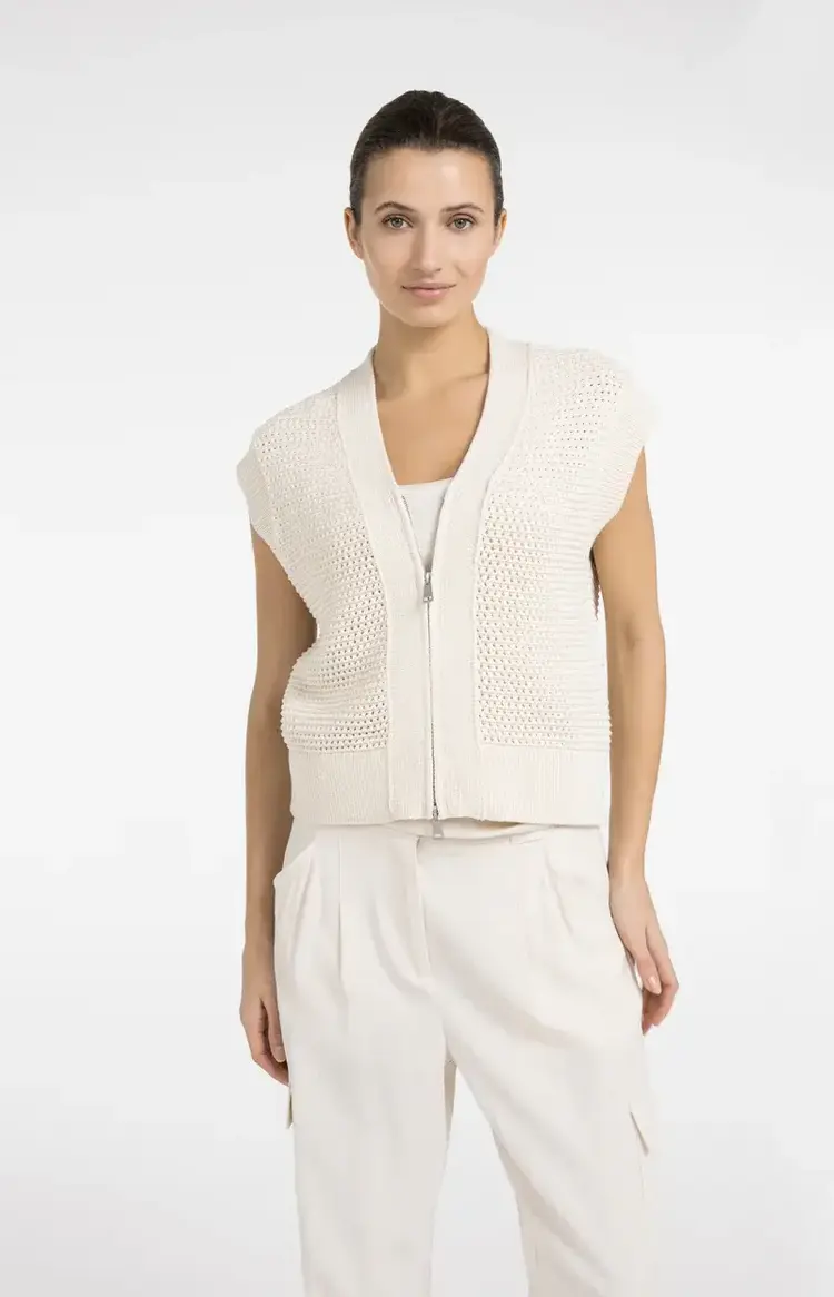 Yaya Mesh Stitch Sleeveless Cardigan with Zipper Creme Beige