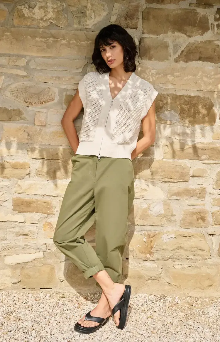 Yaya Mesh Stitch Sleeveless Cardigan with Zipper Creme Beige