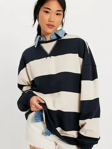Free People Classic Striped Oversized Crewneck Black Combo