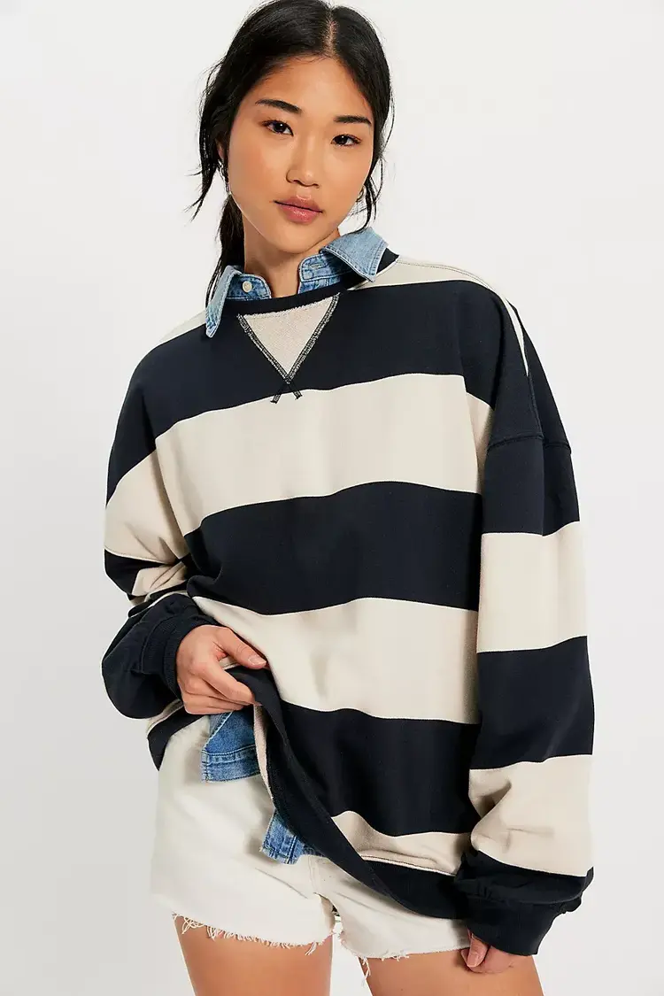 Free People Classic Striped Oversized Crewneck Black Combo