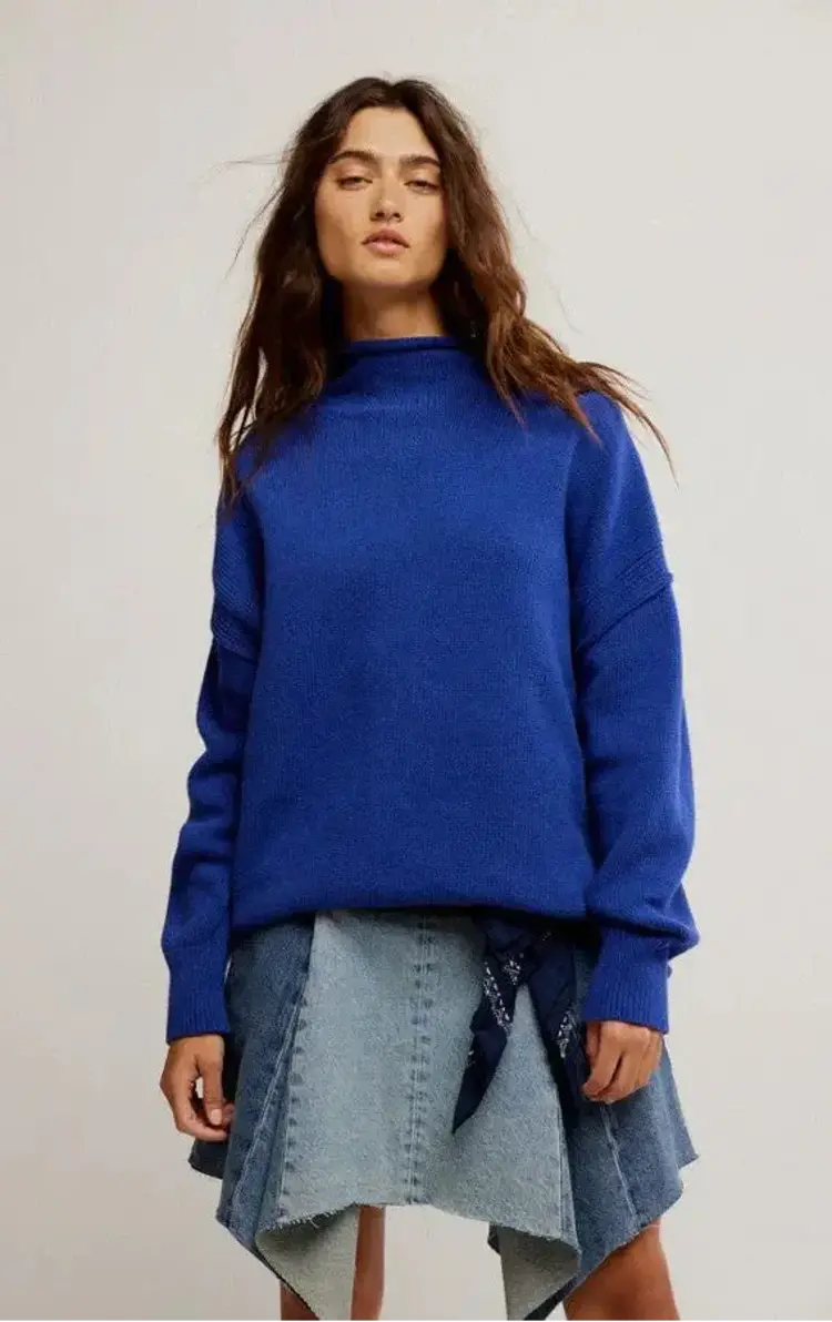 Free People Torres Roll Neck Pullover Sweater Skipper Blue