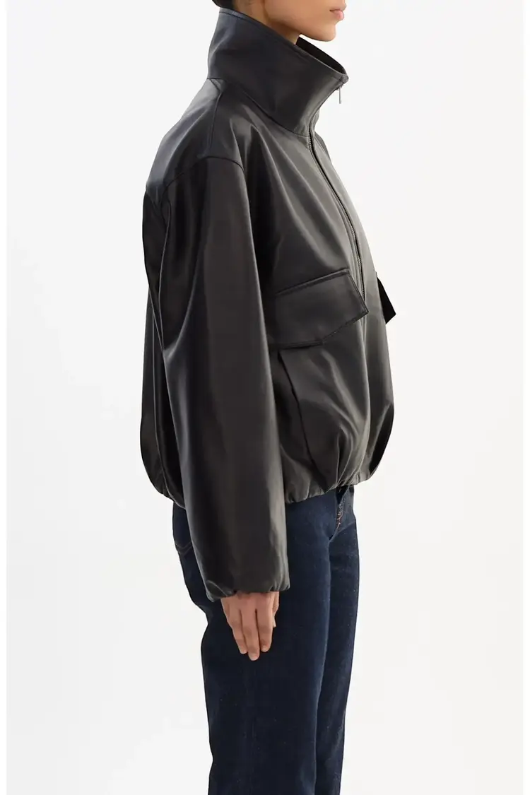RAMONA Funnel Neck Leather Jacket Black