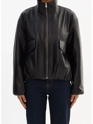 RAMONA Funnel Neck Leather Jacket Black