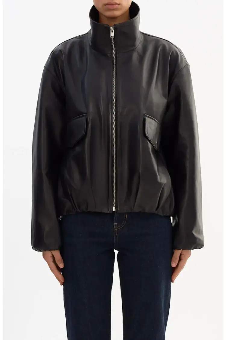 RAMONA Funnel Neck Leather Jacket Black