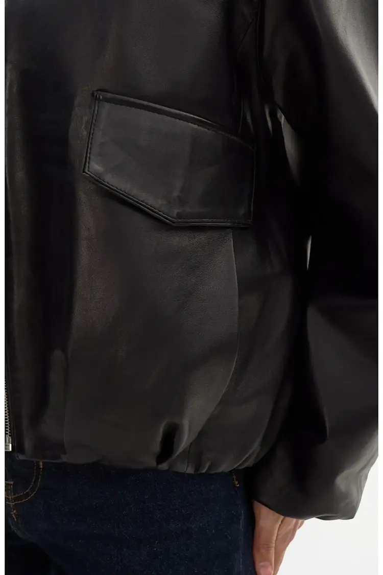 RAMONA Funnel Neck Leather Jacket Black