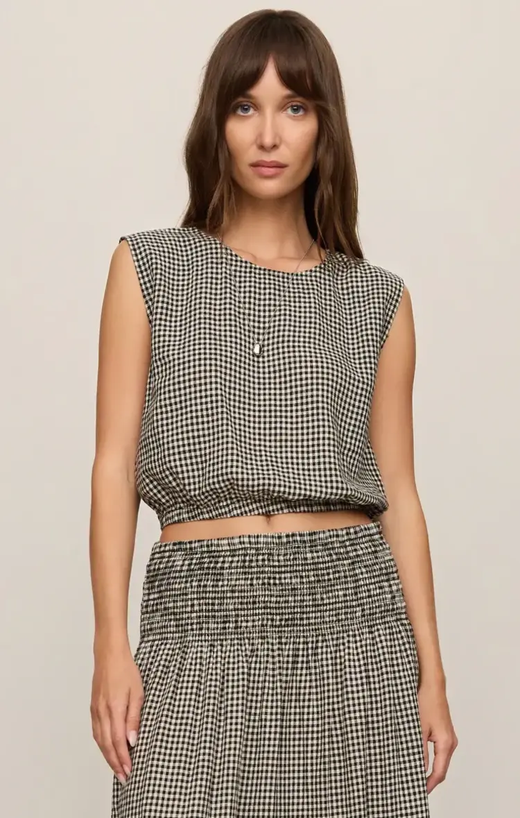 ZSupply Merit Cropped Gingham Linen Top Black