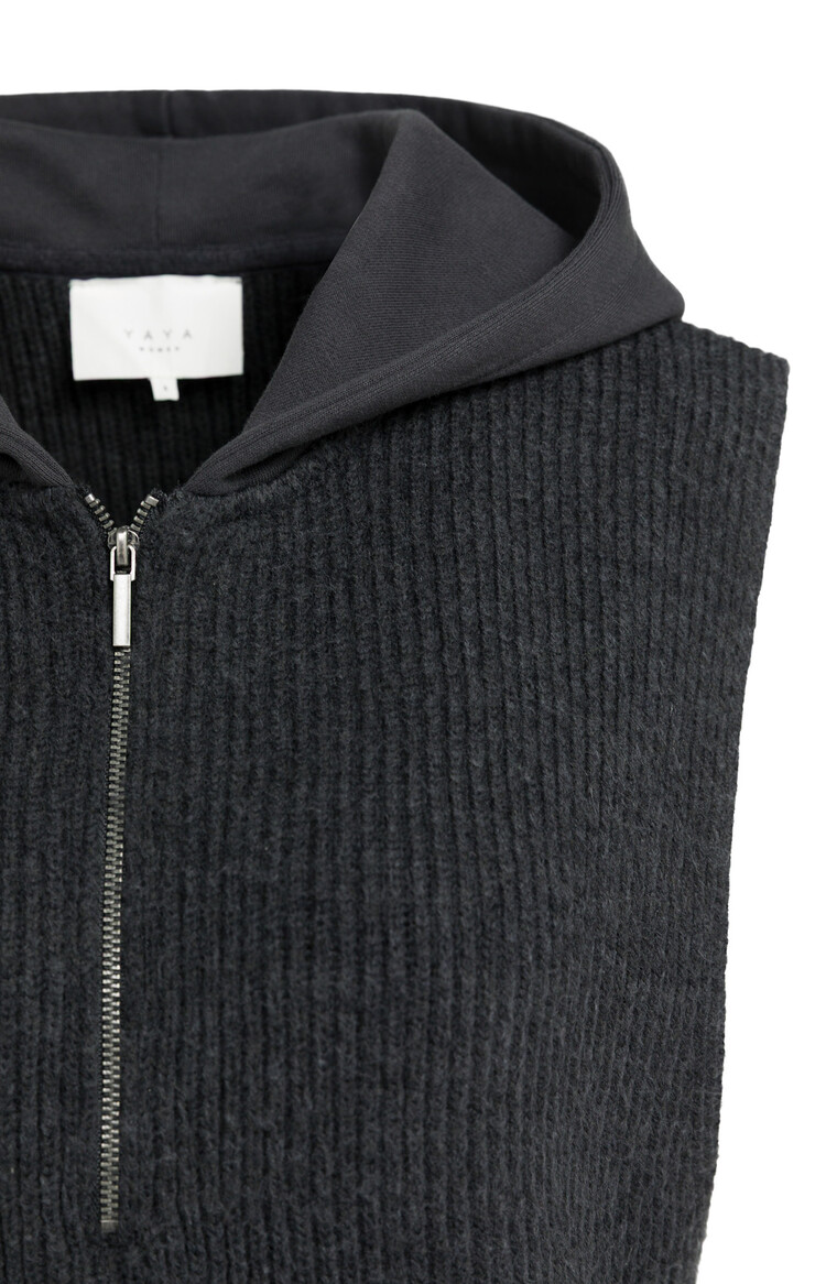 Yaya Sleeveless Sweater with Jersey Hoody Hole Black