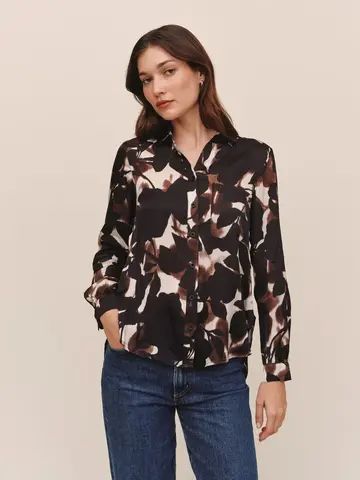 Bella Dahl Long Sleeve Round Hem Button Down Shadow Floral Print