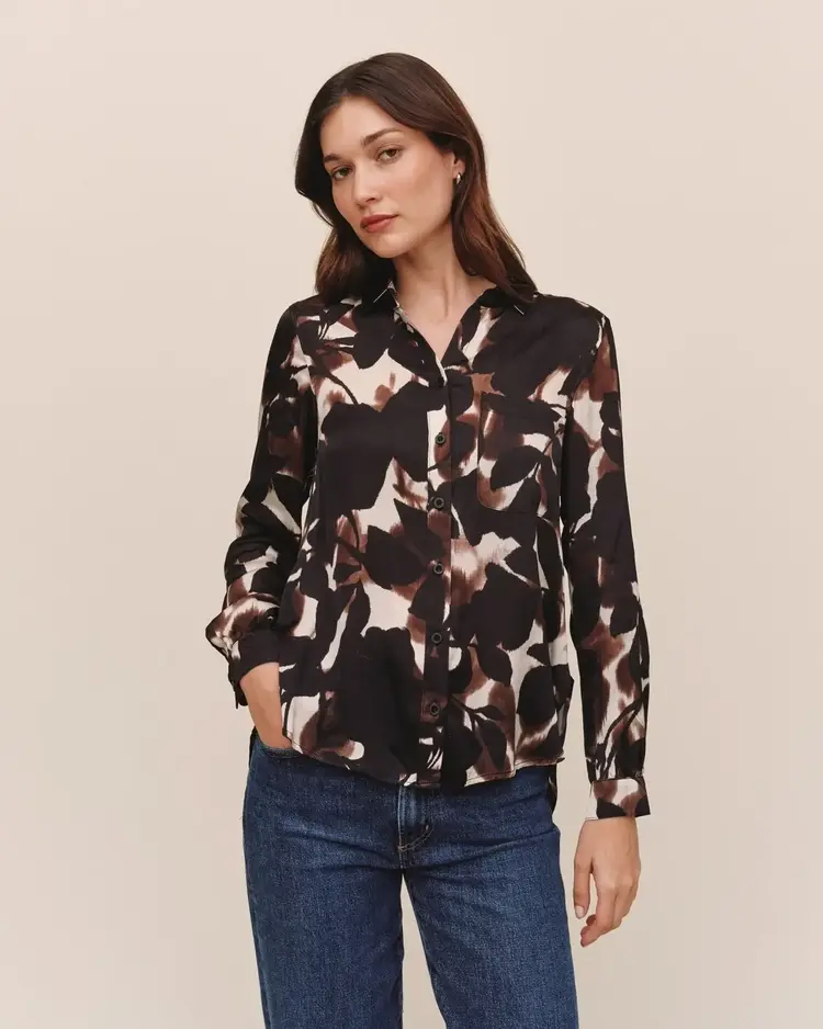 Bella Dahl Long Sleeve Round Hem Button Down Shadow Floral Print