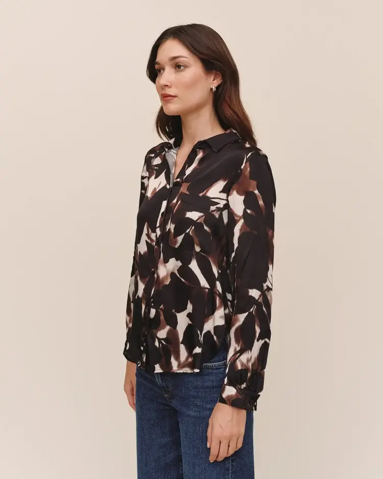 Bella Dahl Long Sleeve Round Hem Button Down Shadow Floral Print