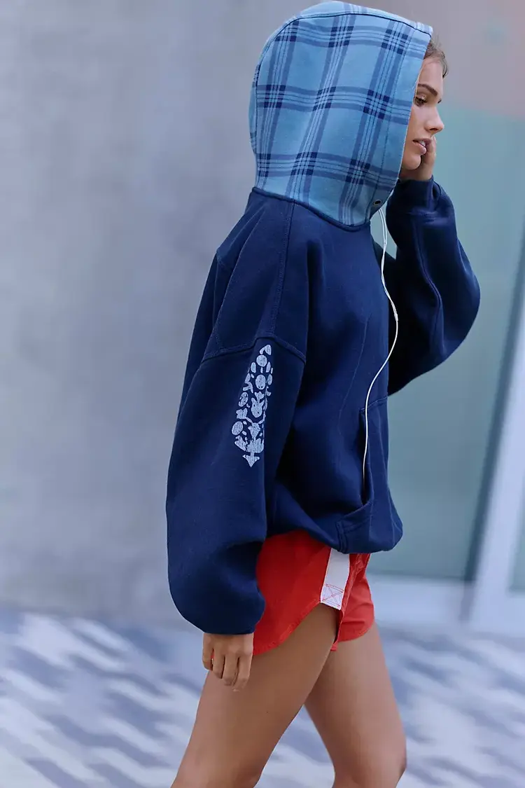 Free People Final Call Plaid Hoodie Midnight Navy Combo