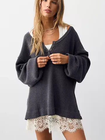 Free People Montreal Oversized Thermal Henley Black