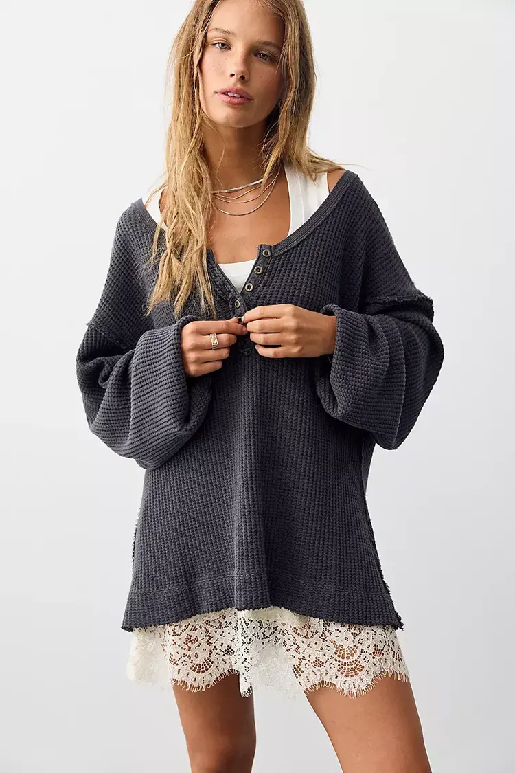 Free People Montreal Oversized Thermal Henley Black