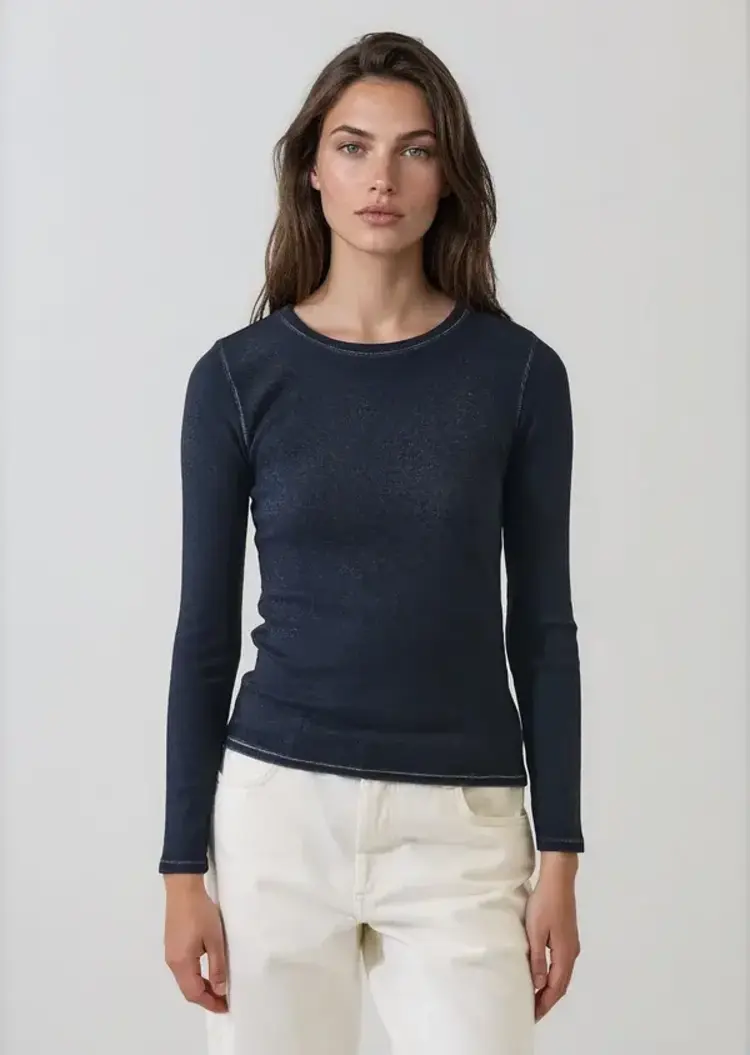 Patrick Assaraf Vintage Wash Pima Cotton Stretch Ribbed T-Shirt Dark Navy