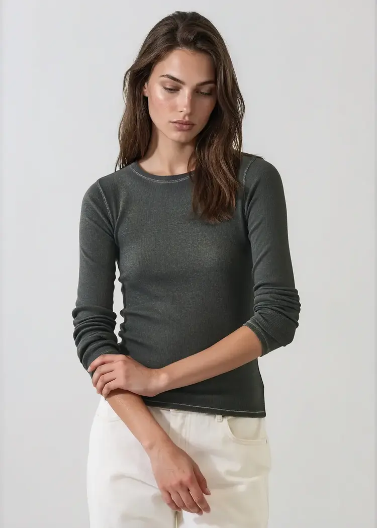 Patrick Assaraf Vintage Wash Pima Cotton Stretch Ribbed T-Shirt Thyme