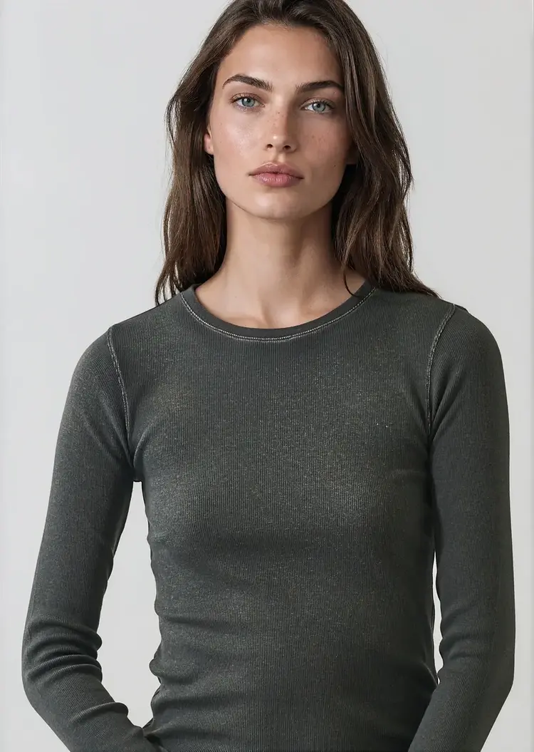 Patrick Assaraf Vintage Wash Pima Cotton Stretch Ribbed T-Shirt Thyme