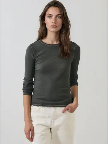 Patrick Assaraf Vintage Wash Pima Cotton Stretch Ribbed T-Shirt Thyme