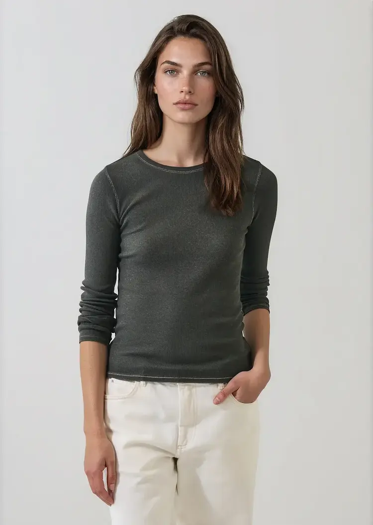 Patrick Assaraf Vintage Wash Pima Cotton Stretch Ribbed T-Shirt Thyme
