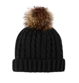 Tuque tricot noir + pompon naturel