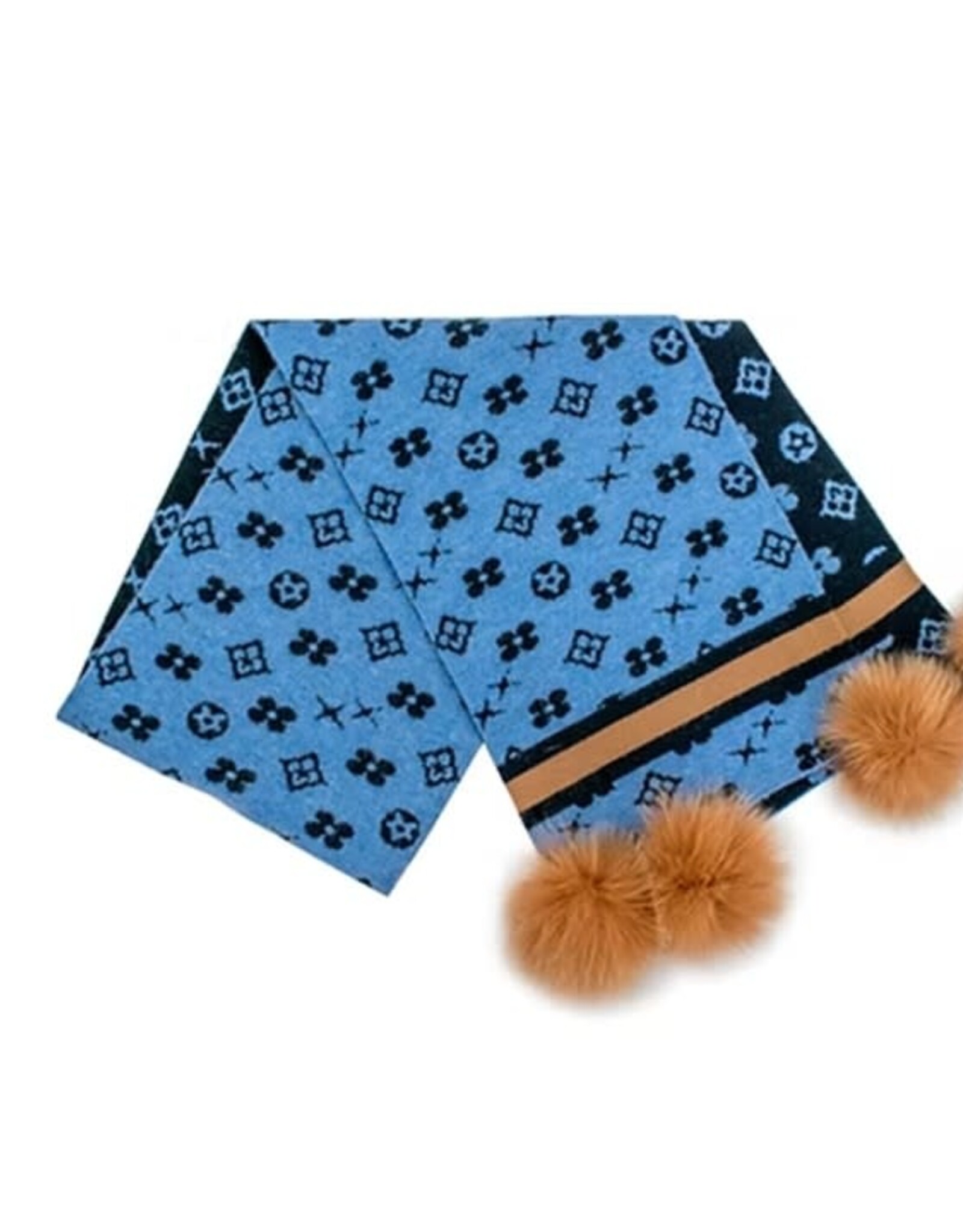 Foulard + pompon  Motif - Bleu & Camel