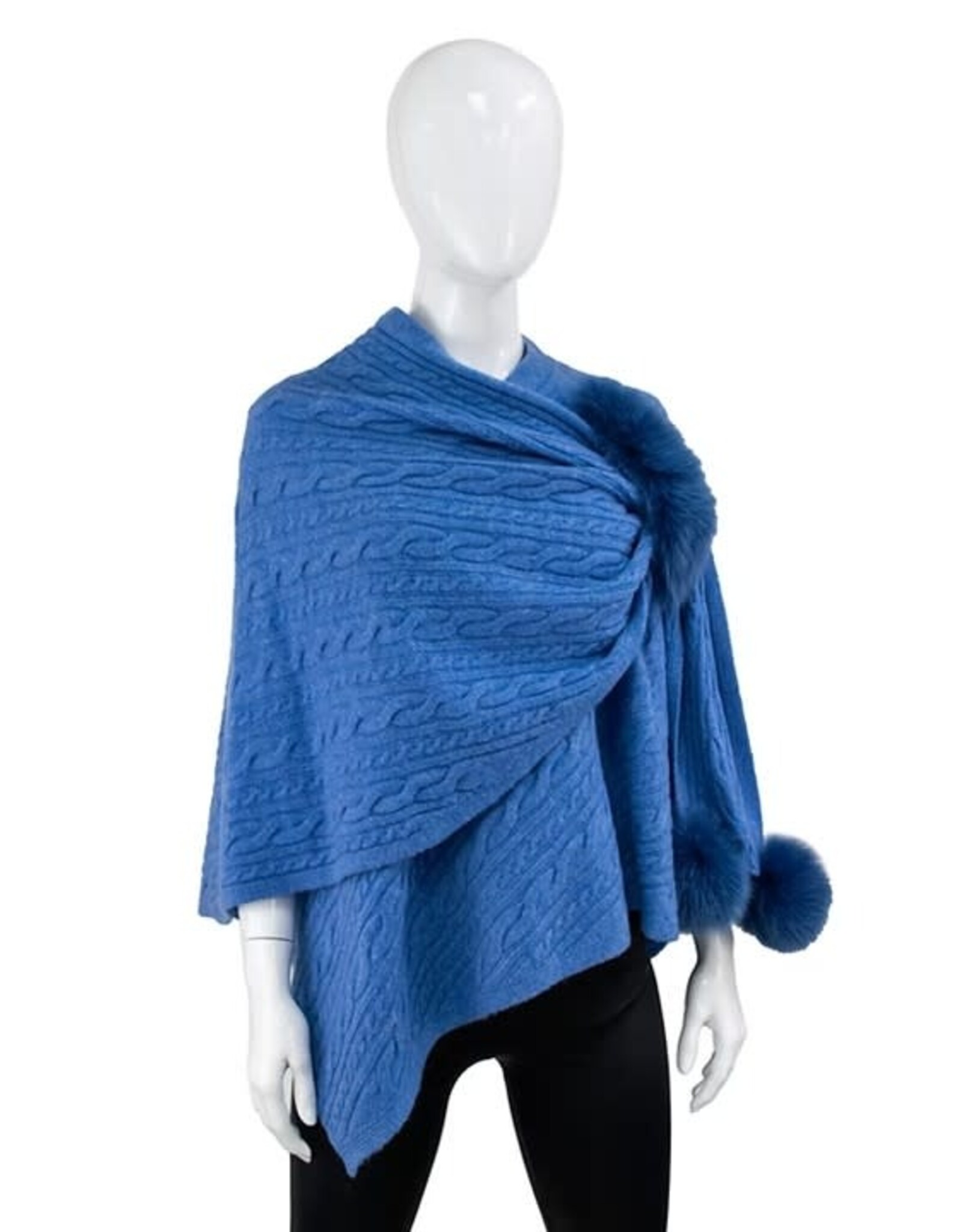Châle + pompons bleu ciel